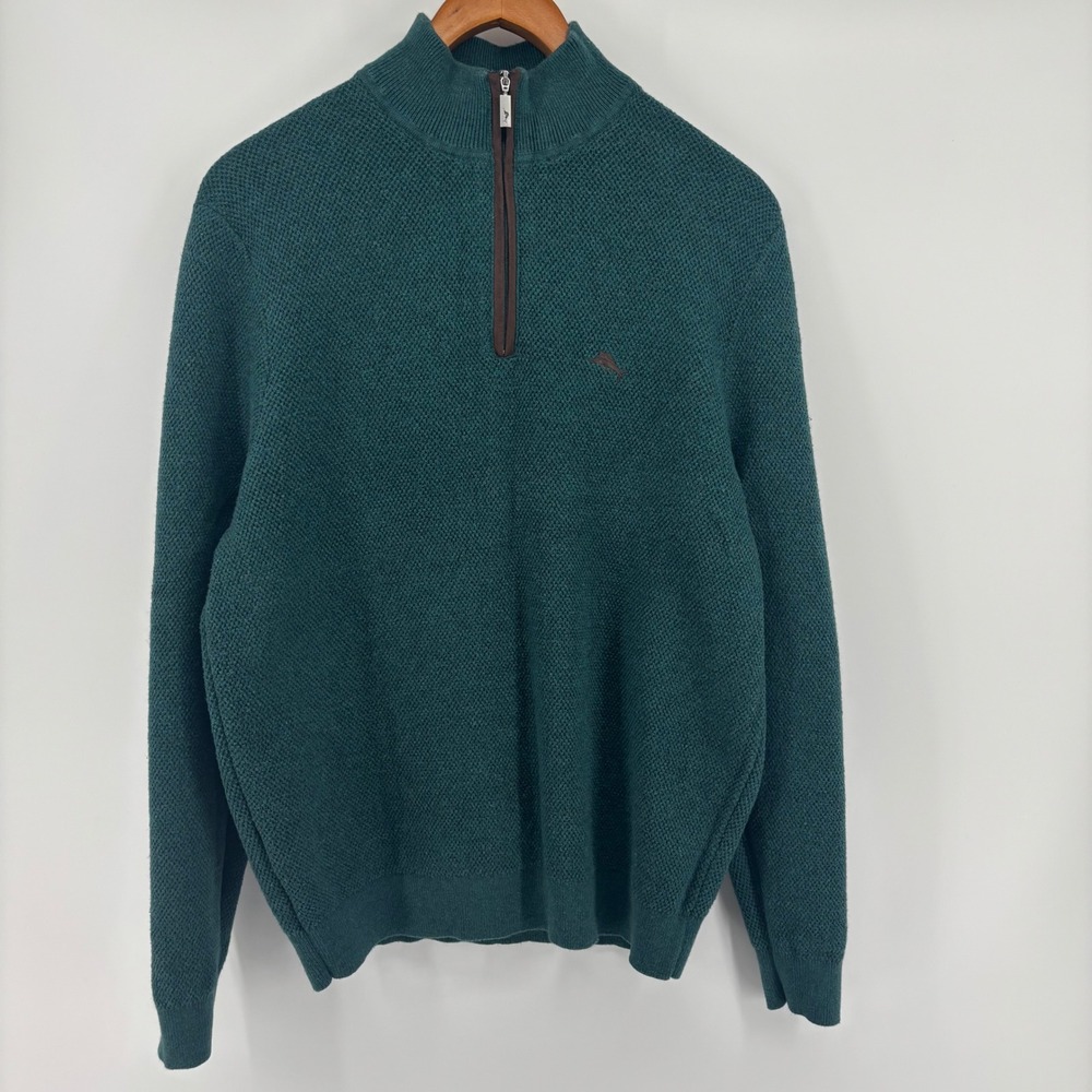 Tommy‎ Bahama Mens Teal Green Cotton Silk Cashmere Quarter Zip Sweater Small